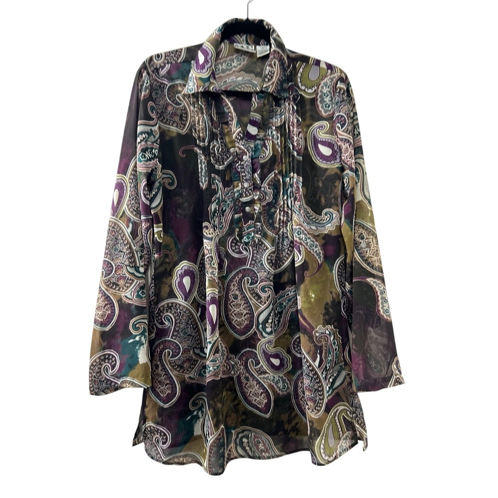 Take Two Paisley Tunic Blouse L Purple Olive Sheer Ruffle Boho Whimsigoth Retro